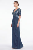 Navy Mermaid Short Sleeves Long Mother Of the Bride Dress with Ruffles