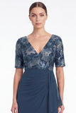 Navy Mermaid Short Sleeves Long Mother Of the Bride Dress with Ruffles