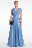 Blue A-Line Sequins Long Mother Of the Bride Dress with Short Sleeves