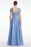 Blue A-Line Sequins Long Mother Of the Bride Dress with Short Sleeves