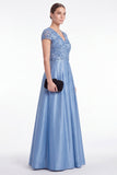 Blue A-Line Sequins Long Mother Of the Bride Dress with Short Sleeves