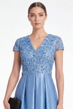 Blue A-Line Sequins Long Mother Of the Bride Dress with Short Sleeves