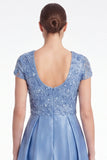 Blue A-Line Sequins Long Mother Of the Bride Dress with Short Sleeves
