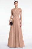 Blue A-Line Sequins Long Mother Of the Bride Dress with Short Sleeves