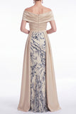 Off the Shoulder Champagne A-Line Long Mother Of the Bride Dress with Sequins
