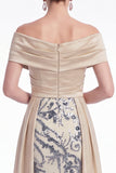 Off the Shoulder Champagne A-Line Long Mother Of the Bride Dress with Sequins