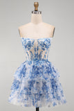White Blue Flower Strapless Sheer Corset Tiered A-Line Short Cocktail Dress with Lace Up Back