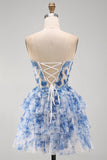 White Blue Flower Strapless Sheer Corset Tiered A-Line Short Cocktail Dress with Lace Up Back