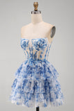 White Blue Flower Strapless Sheer Corset Tiered A-Line Short Cocktail Dress with Lace Up Back