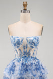White Blue Flower Strapless Sheer Corset Tiered A-Line Short Cocktail Dress with Lace Up Back