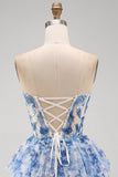 White Blue Flower Strapless Sheer Corset Tiered A-Line Short Cocktail Dress with Lace Up Back