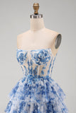 White Blue Flower Strapless Sheer Corset Tiered A-Line Short Cocktail Dress with Lace Up Back