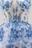 White Blue Flower Strapless Sheer Corset Tiered A-Line Short Cocktail Dress with Lace Up Back