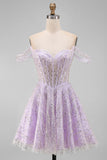 Off the Shoulder Lilac Corset Sequins A-Line Short Cocktail Dress with Lace Up Back