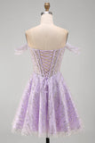 Off the Shoulder Lilac Corset Sequins A-Line Short Cocktail Dress with Lace Up Back