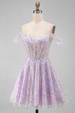 Off the Shoulder Lilac Corset Sequins A-Line Short Cocktail Dress with Lace Up Back