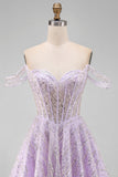 Off the Shoulder Lilac Corset Sequins A-Line Short Cocktail Dress with Lace Up Back