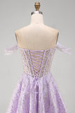 Off the Shoulder Lilac Corset Sequins A-Line Short Cocktail Dress with Lace Up Back