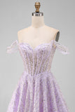Off the Shoulder Lilac Corset Sequins A-Line Short Cocktail Dress with Lace Up Back