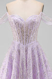 Off the Shoulder Lilac Corset Sequins A-Line Short Cocktail Dress with Lace Up Back