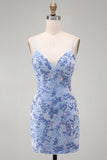 Blue Bodycon Spaghetti Straps Lace Up Back Short Cocktail Dress with Beading