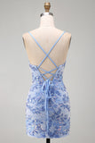 Blue Bodycon Spaghetti Straps Lace Up Back Short Cocktail Dress with Beading