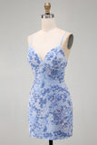 Blue Bodycon Spaghetti Straps Lace Up Back Short Cocktail Dress with Beading