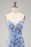 Blue Bodycon Spaghetti Straps Lace Up Back Short Cocktail Dress with Beading