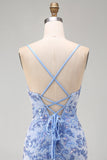 Blue Bodycon Spaghetti Straps Lace Up Back Short Cocktail Dress with Beading