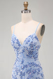 Blue Bodycon Spaghetti Straps Lace Up Back Short Cocktail Dress with Beading