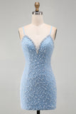 Blue Spaghetti Straps Lace Up Back Bodycon Short Cocktail Dress with Pearls