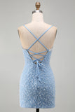 Blue Spaghetti Straps Lace Up Back Bodycon Short Cocktail Dress with Pearls