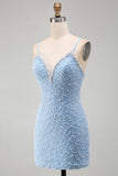 Blue Spaghetti Straps Lace Up Back Bodycon Short Cocktail Dress with Pearls