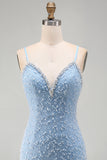 Blue Spaghetti Straps Lace Up Back Bodycon Short Cocktail Dress with Pearls