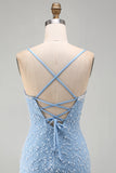 Blue Spaghetti Straps Lace Up Back Bodycon Short Cocktail Dress with Pearls