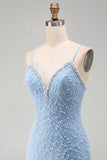 Blue Spaghetti Straps Lace Up Back Bodycon Short Cocktail Dress with Pearls