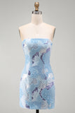 Strapless Blue Bodycon Short Cocktail Dress with Beading