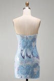 Strapless Blue Bodycon Short Cocktail Dress with Beading