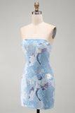 Strapless Blue Bodycon Short Cocktail Dress with Beading