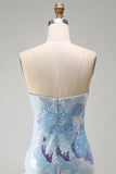 Strapless Blue Bodycon Short Cocktail Dress with Beading