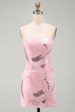 Pink Strapless Bodycon Beaded Short Cocktail Dress