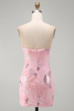 Pink Strapless Bodycon Beaded Short Cocktail Dress