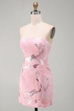 Pink Strapless Bodycon Beaded Short Cocktail Dress