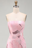 Pink Strapless Bodycon Beaded Short Cocktail Dress