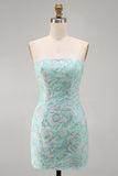 Mint Floral Strapless Bodycon Sequins Short Cocktail Dress