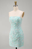 Mint Floral Strapless Bodycon Sequins Short Cocktail Dress