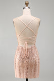 Champagne Bodycon Sequins Short Homecoming Dress with Lace Up Back