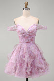 Lilac Off the Shoulder A-Line Ruffle Short Homecoming Dress with Lace Up Back
