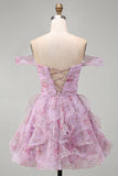 Lilac Off the Shoulder A-Line Ruffle Short Homecoming Dress with Lace Up Back