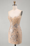 Champagne Strapless Sequins Bodycon Homecoming Dress with Lace Up Back